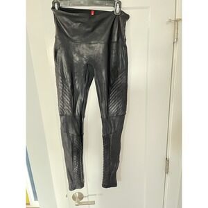 Spanx Women Faux Leather Moto Leggings Black Biker Edgy Small High Waist Ribbed‎